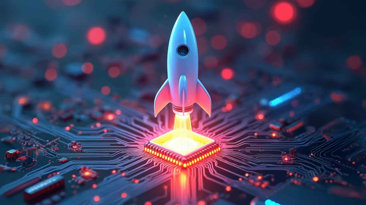 Launching rocket above a computer motherboard